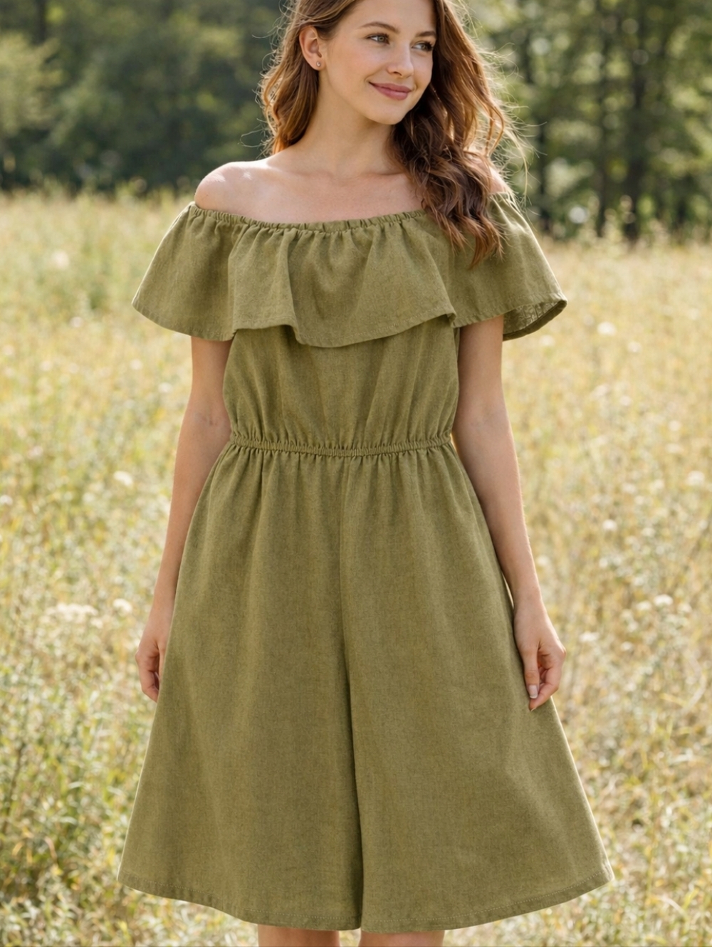 Olive Green Off Shoulder Boho Cottagecore Mini Dress Flowy Size S